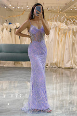 Glitter Lilac Long Corset Appliqued Prom Dress