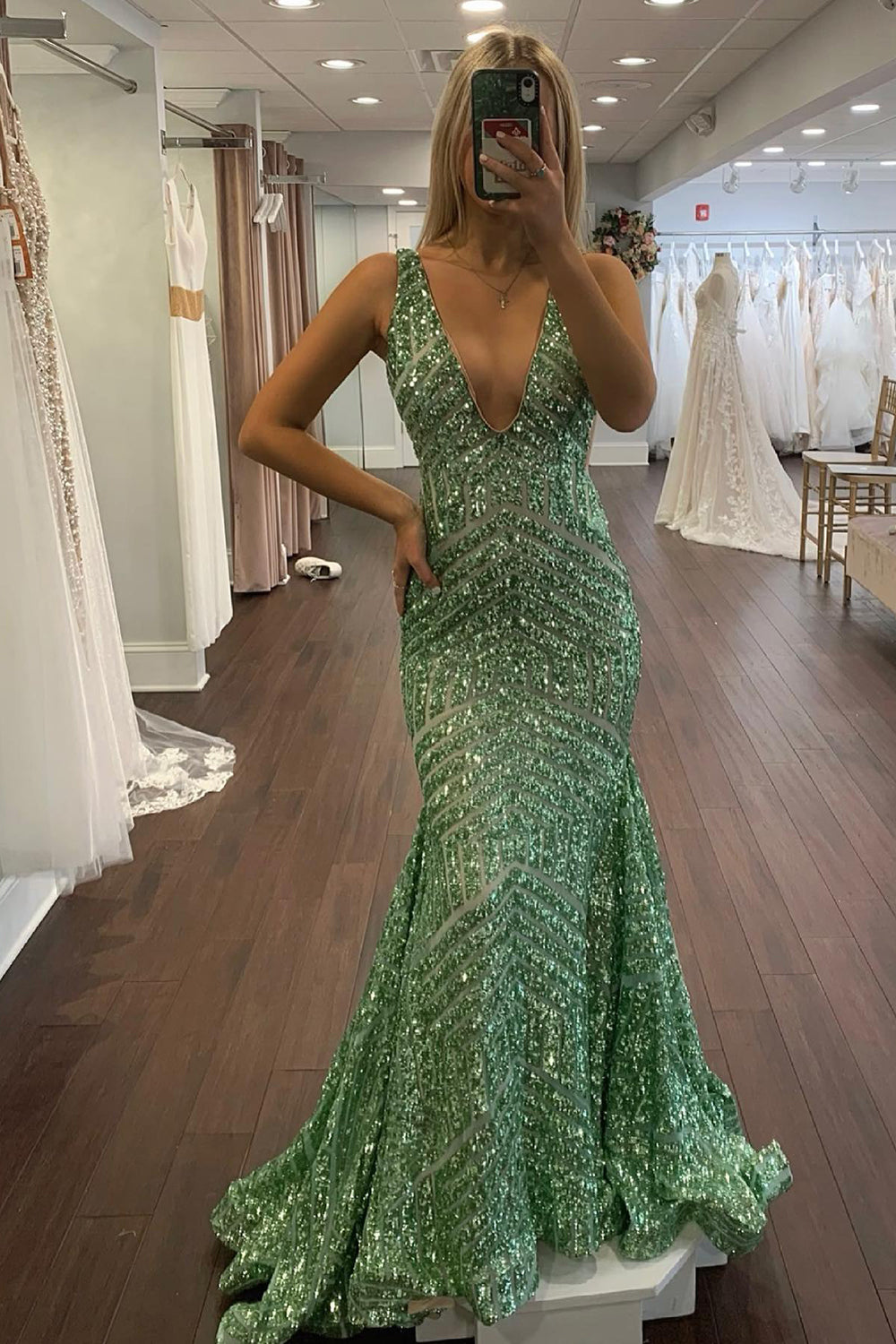 Sparkly Champagne Deep V Neck Sequin Mermaid Prom Dress