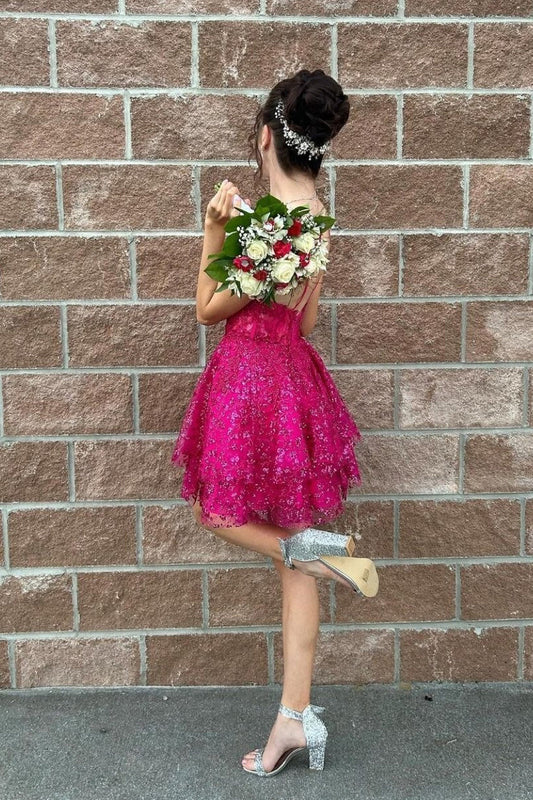 hot girly pink a line sequin style lace short homecoming dresses