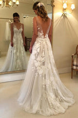 Elegant Ivory Tulle A-Line V-Neck Wedding Dress with Appliques