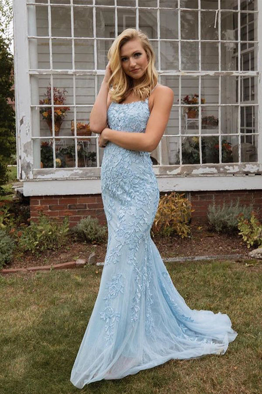 Blue Spaghetti Straps Backless Prom Dress