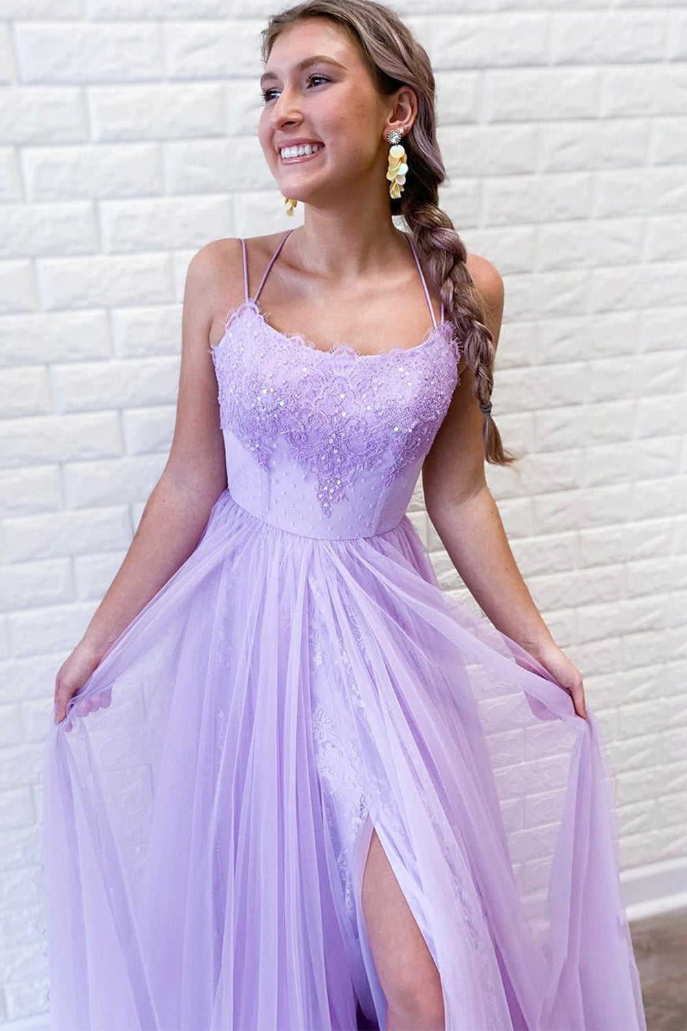 Light Purple Tulle Prom Dress with Lace