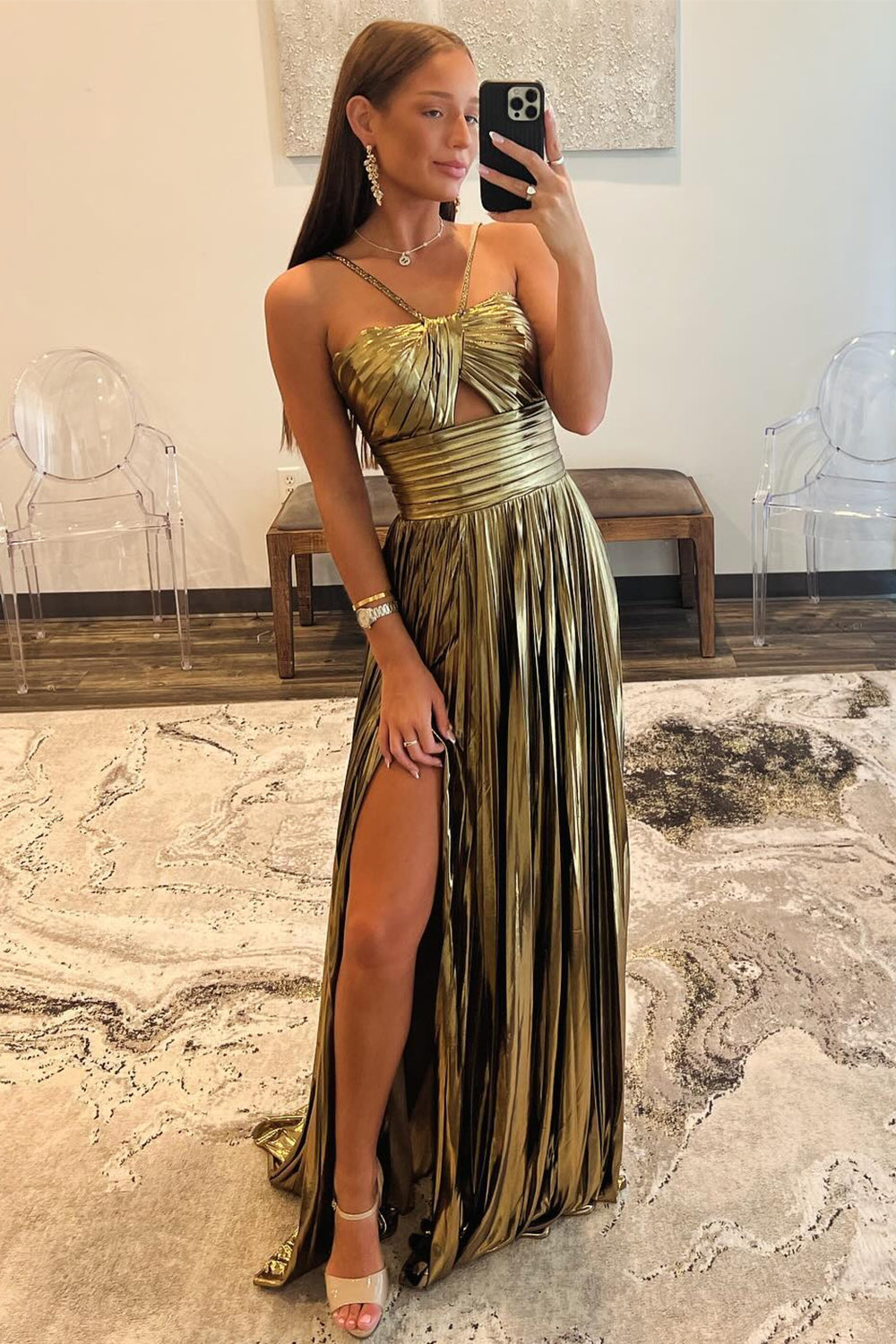 Sparkly Golden A Line Backless Long Prom Dress With Slit