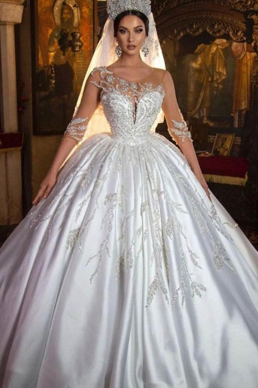 Gorgeous Long Princess Sweetheart Satin Wedding Dress with Sleeves