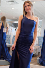 Simple Mermaid One Shoulder Navy Blue Satin Long Prom Dresses