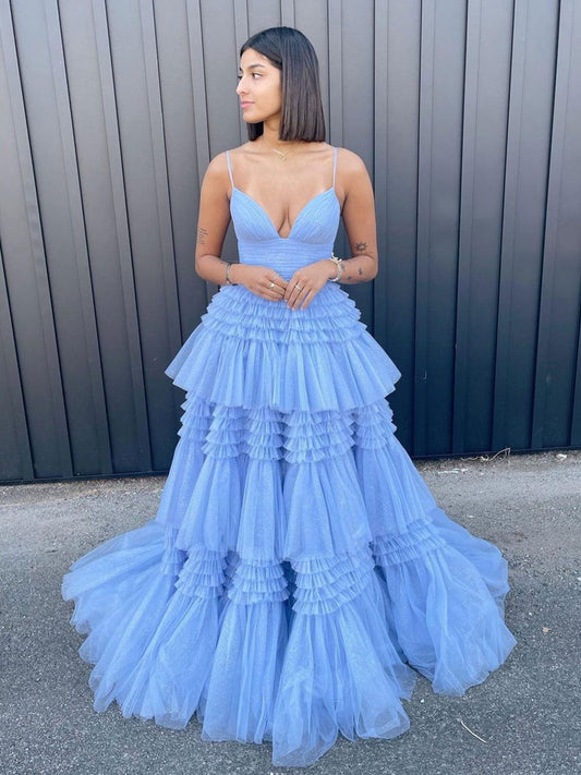 Blue V-Neck Tulle Long Prom Dress Blue Tulle Formal Evening Dress