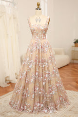 Champagne A Line Square Neck Long Corset Prom Dress With Appliques