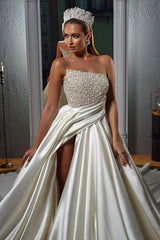 Ivory Wedding Dress Illusion Neck A Line Satin Bridal Dress with Beadings