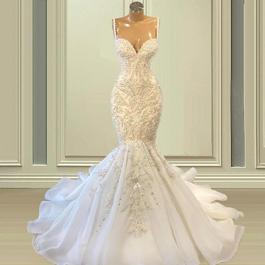 Ivory Wedding Dress Spaghetti Straps Mermaid Beaded Lace Appliques Bridal Dress