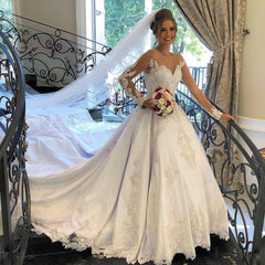 Ivory Long Sleeves Wedding Dress Lace Appliques A Line Bridal Dress