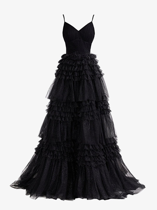 Dressystars  Glamorous Black A-Line Deep Sexy V Neck Tiered Long Glitter Tulle Material Prom Dress