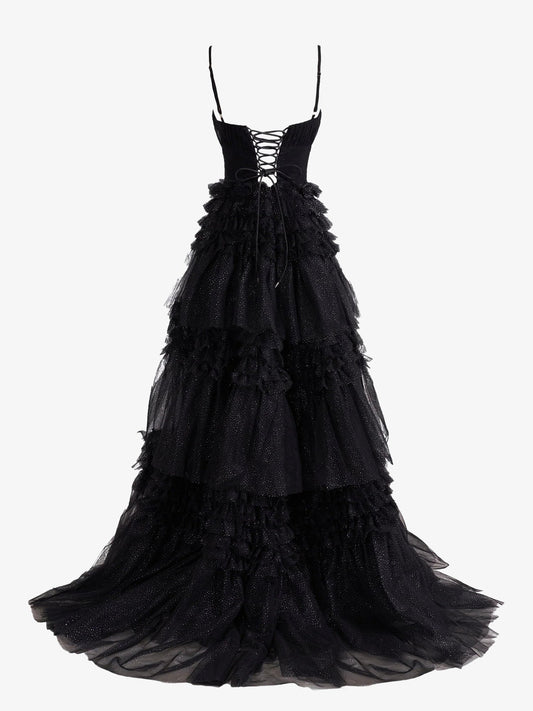 Dressystars  Glamorous Black A-Line Deep Sexy V Neck Tiered Long Glitter Tulle Material Prom Dress