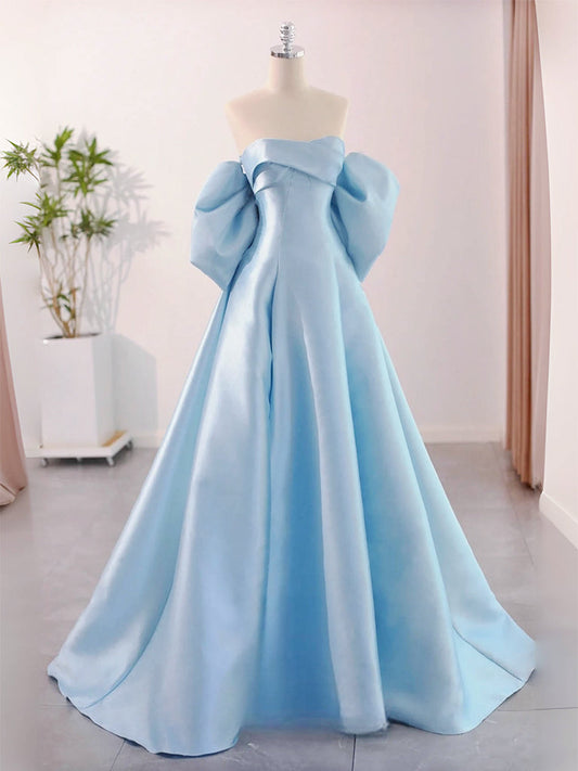 A-Line Sweetheart Neck Satin Blue Long Prom Dress Blue Long Formal Dress