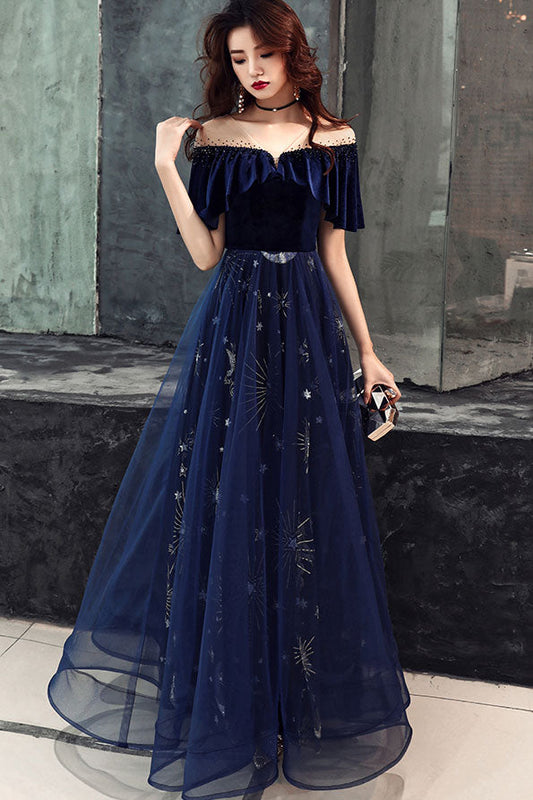 Blue Tulle Lace Long Prom Dress Blue Tulle Evening Dress