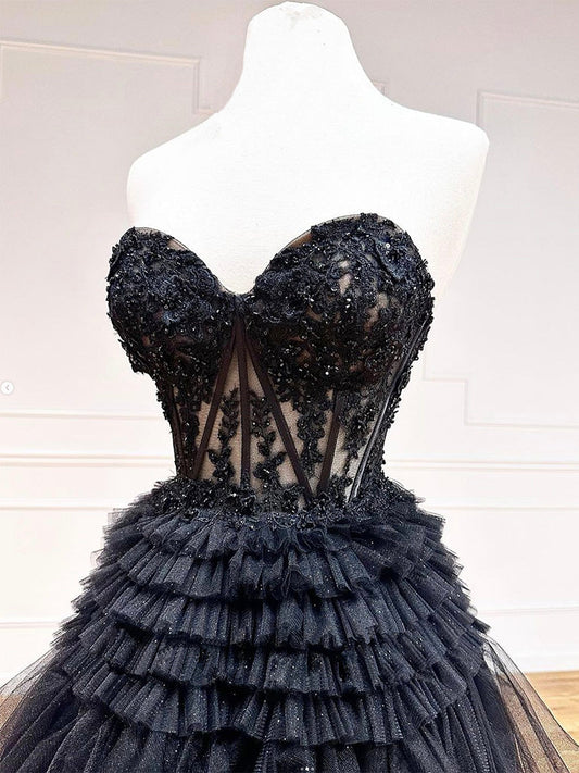 Black Sweetheart Neck Tulle Lace Long Prom Dress Black Formal Evening Dress