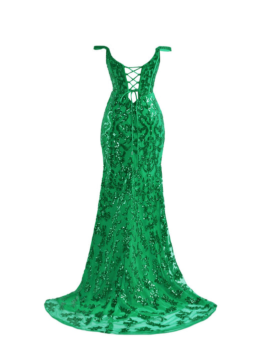 Dressystars  Green Sheath Sequin Material  Long Elegant Prom Dress with Split Design