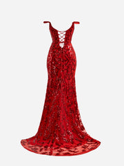 Erryn Dressystars  Red Sheath Sequin Material  Long Elegant Prom Dress with Split Design