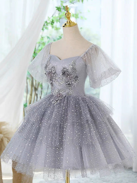 Cute A-Line Tulle Lace Short Prom Dress Gray Homecoming Dress