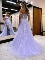 Meadow Dressystars A Line Off the Shoulder Lace Tulle Material Elegant Prom Dress With Split Design