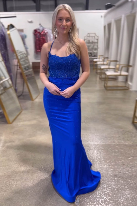 Glitter Royal Blue Beaded Long Mermaid Prom Dress with Appliques