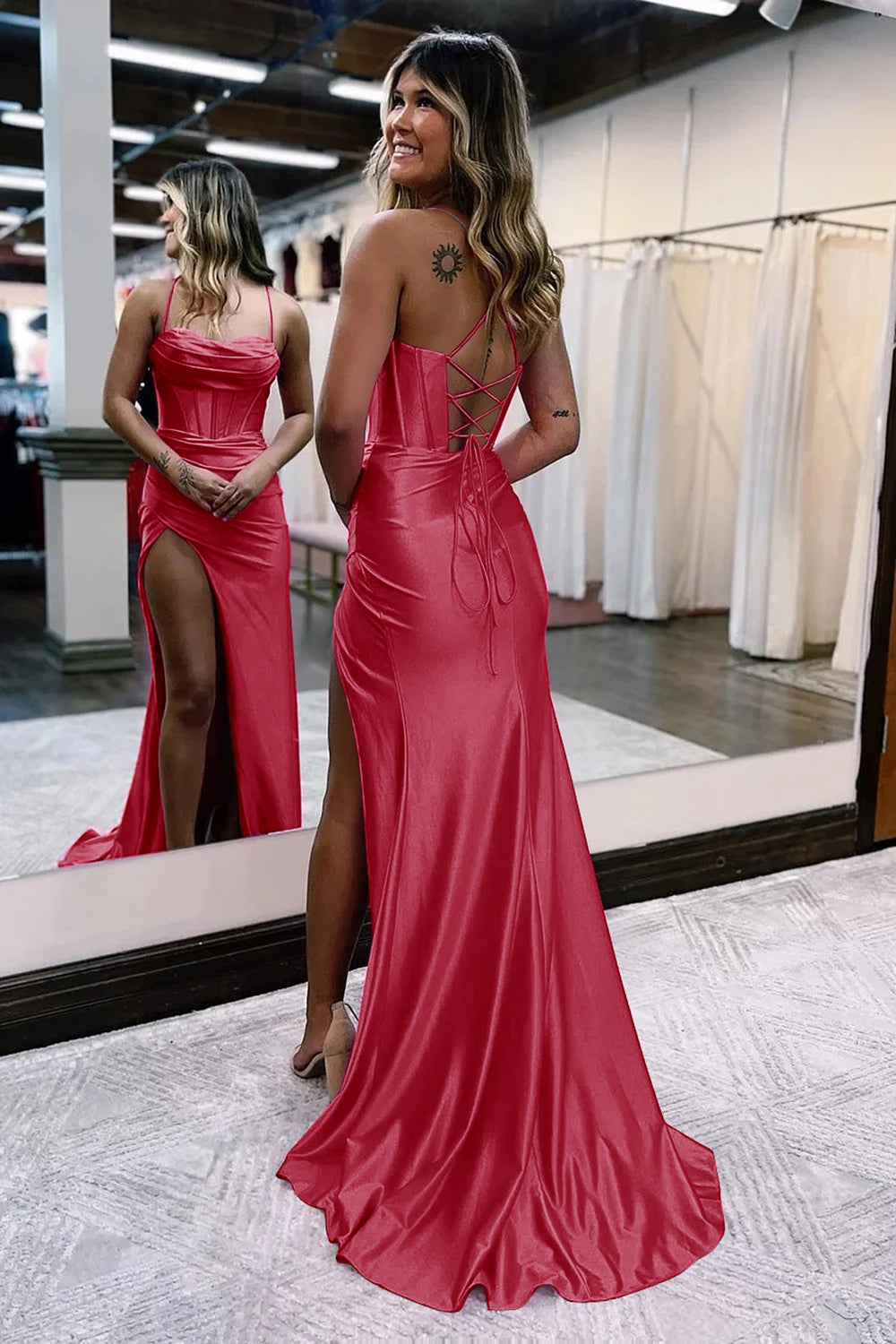 Hot Pink Spaghetti Straps Satin Mermaid Prom Dress with Slit