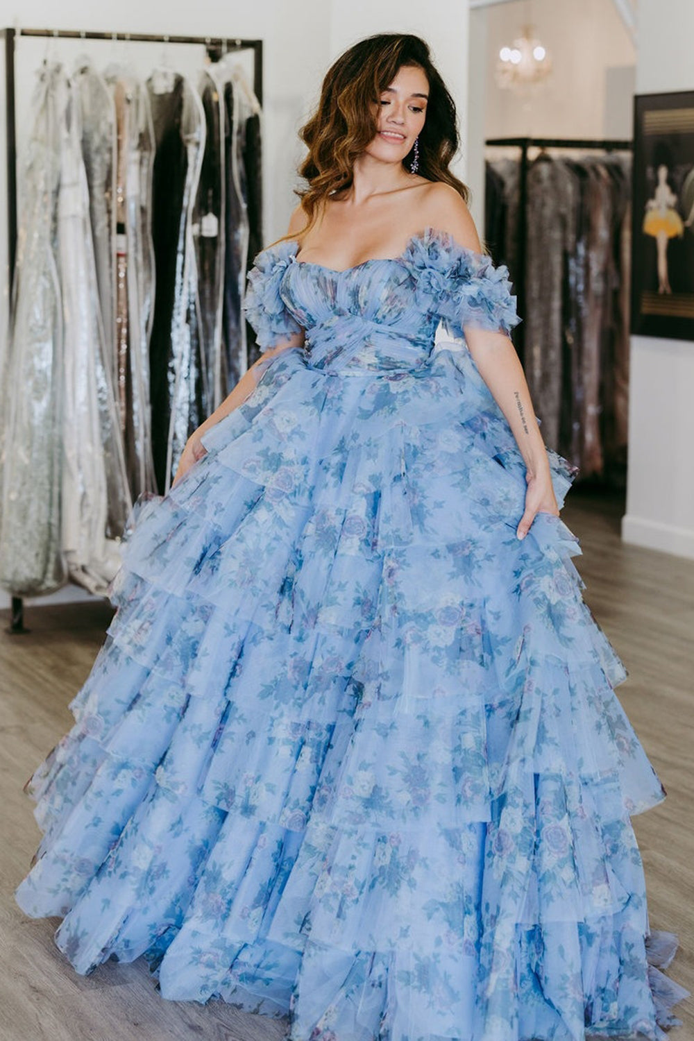 Blue Floral Tiered A-Line Long Prom Dress with Ruffles