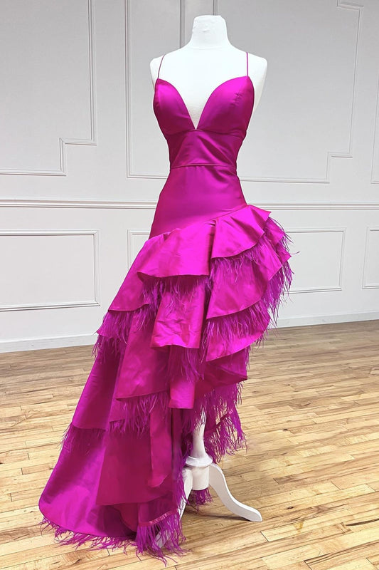 Prom Dress Fuchsia A Line V Neck Irregular Long Evening Dress