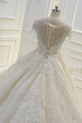 Bateau Long Sleeve Beaded Ball Gown Wedding Dress with Lace Appliques