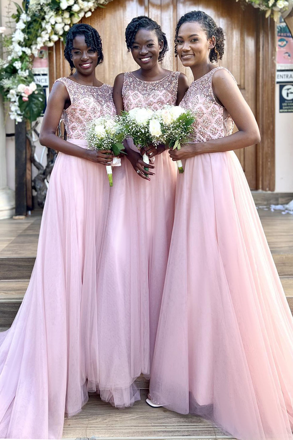 Sparkly Beaded Long Tulle Bridesmaid Prom Dress