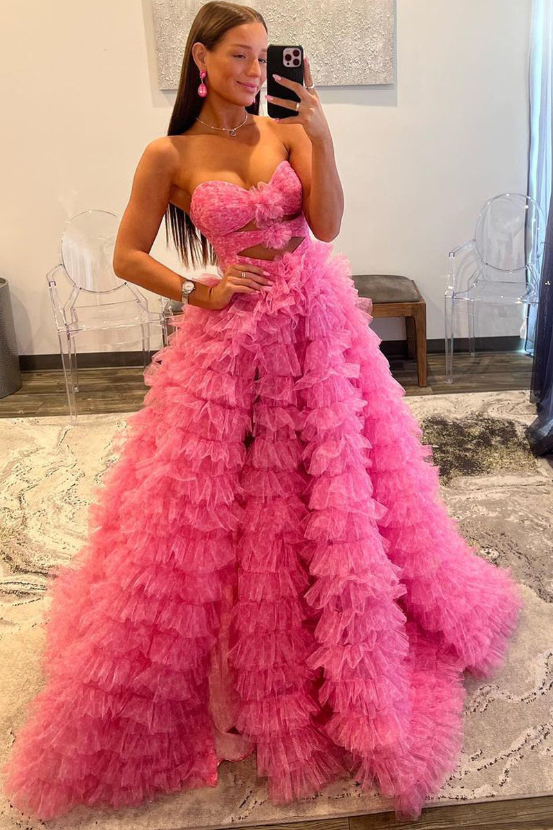 Reyna Dressystars Ball Gown Chic Sweetheart Collar Girly Pink Tiered Printed Tulle Material Prom Dress