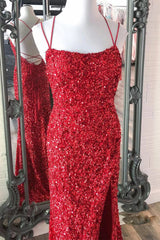 Mermaid Red Sequins Long Prom Dress with Slit