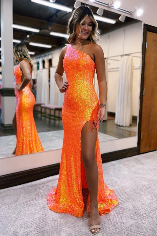 Prom Dress Mermaid One Shoulder Sequin Elegant With TasselsEvening Dress