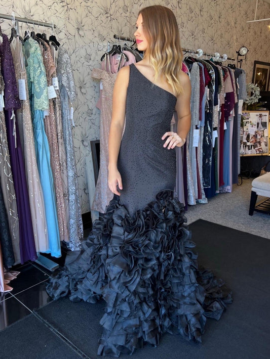 Mermaid Glamorous Black One Shoulder Tiered Seqins Long Prom Dress