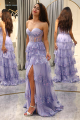 Sparkly Purple A Line Long Corset Tiered Prom Dress With Slit