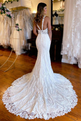 Chic White V-Neck Sheath Long Lace Wedding Dress with Slit