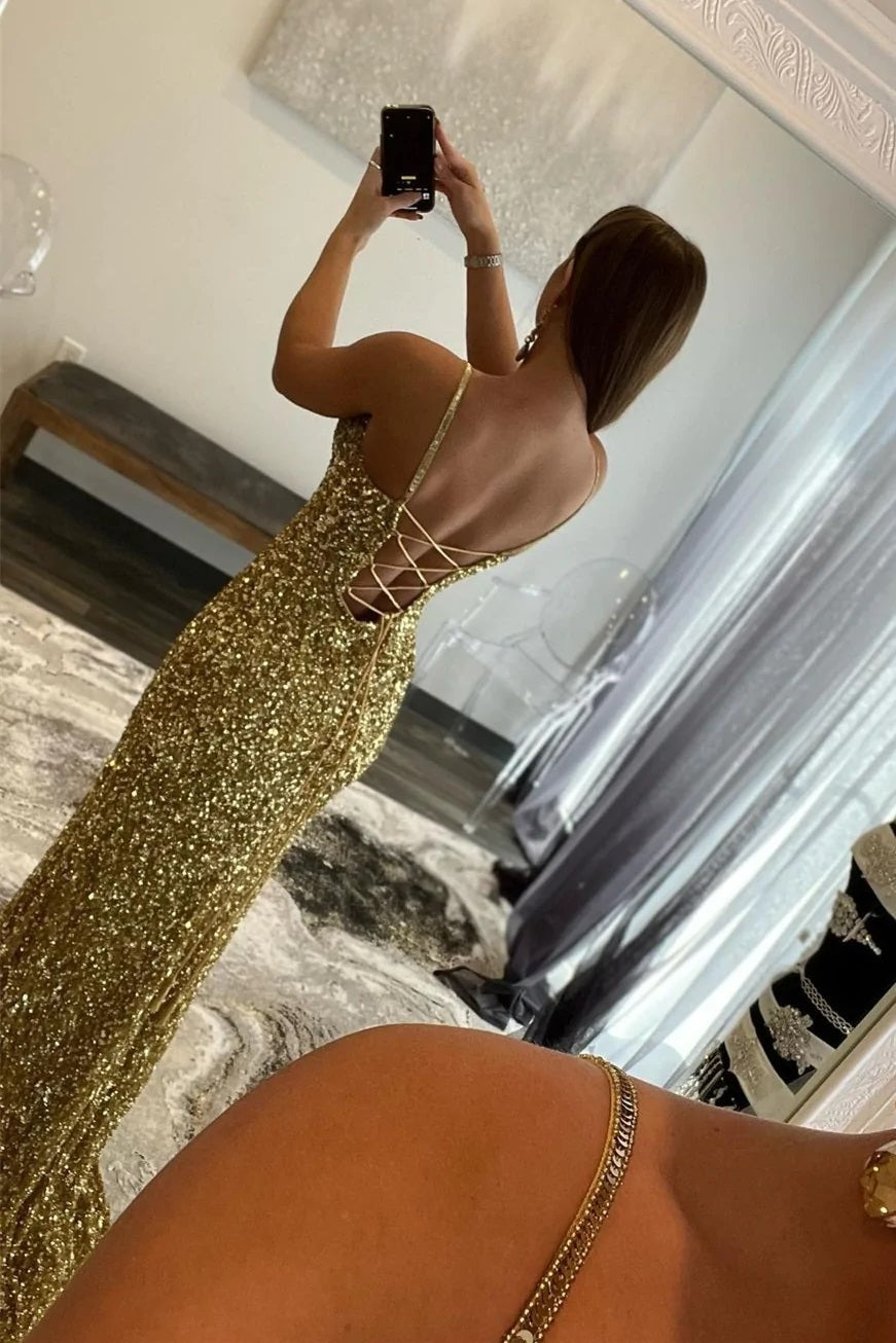 Arlene Dressystars ?Charming Mermaid V Nekc Gold Sequin Material  Long Prom Dresses with Split Design