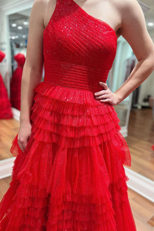 Shiny Red One Shoulde Ruffle Tulle Material A-Line Long Prom Dresses