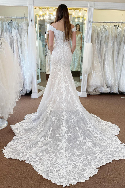 Exquisite Ivory Off-the-Shoulder Long Lace Mermaid Wedding Dress