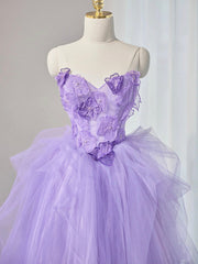 A-Line Sweetheart Neck Tulle Lace Appliqu¨¦ Purple Long Prom Dress Purple Formal Dress