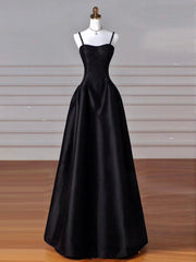 A-Line Sweetheart Neck Satin Black Long Prom Dress Black Long Evening Dress