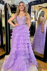 Marissa Dressystars  Lavender Delicate Appliques Sexy V-Neck Ruffle Tiered Long Prom Dress