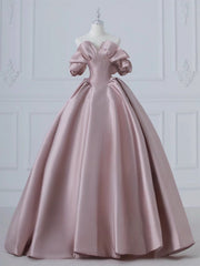 A-Line Pink Satin Long Prom Dress Pink Long Evening Dress