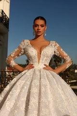 Ivory Ball Gown Wedding Dress Long Sleeves Lace Bridal Dress