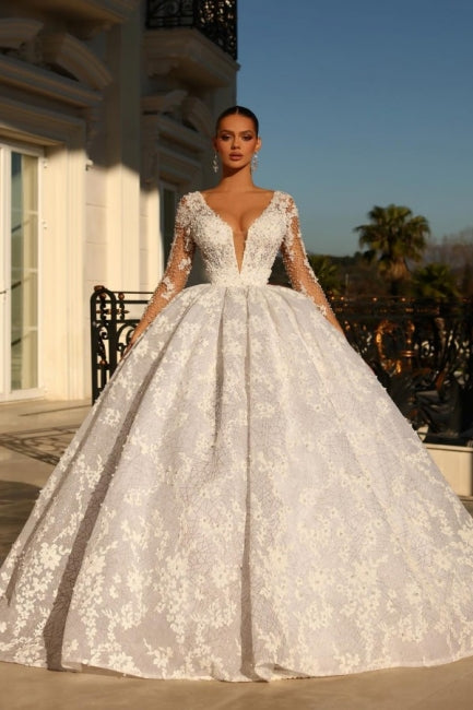 Ivory Ball Gown Wedding Dress Long Sleeves Lace Bridal Dress