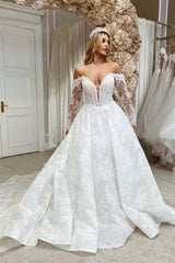 Ivory Wedding Dress A Line Long Sleeves Lace Bridal Dress