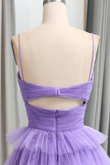 Purple Tulle A Line Tiered Long Prom Dress With Front Slit