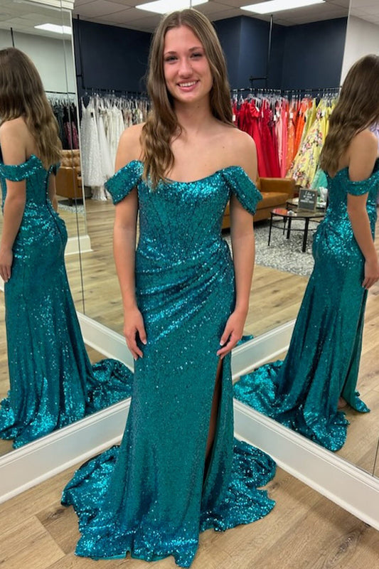 Sparkly Turquiose Corset Long Sequins Prom Dress with Slit