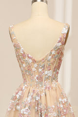 Champagne A Line Square Neck Long Corset Prom Dress With Appliques