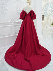 Red V-Neck Satin Long Prom Dress Red Puff Sleeves Satin Long Formal Dress