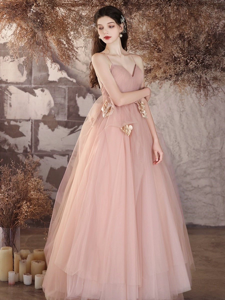 A-Line V-Neck Tulle Flower Pink Long Prom Dress Pink Long Evening Gown